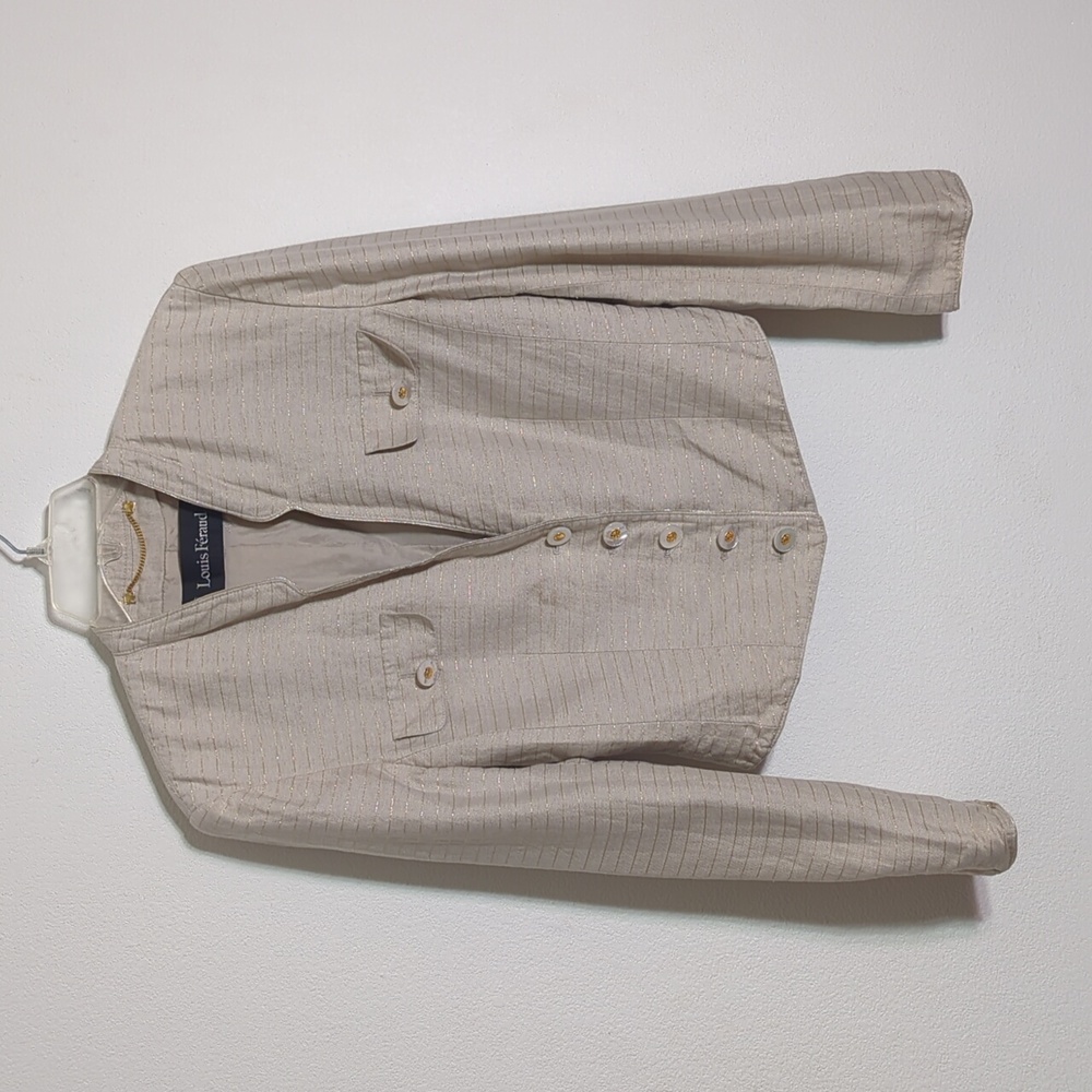 Louis Feraud Womens Blazer Jacket Linen Cotton Cropped Khaki Gold Military Sz 6